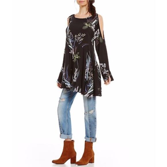 Free People Clear Skies Cold-Shoulder Tunic Dress Black Floral XS Boho Festival - Picture 1 of 8